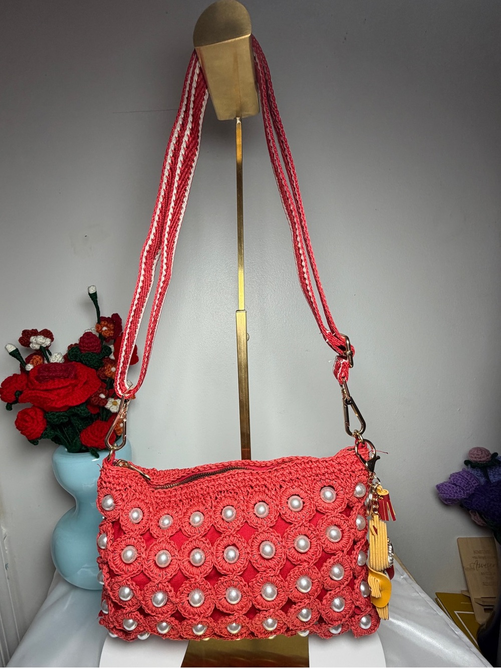 Sharif Red Crochet Pearl Embellished Shoulder Bag with bag charm Like New
